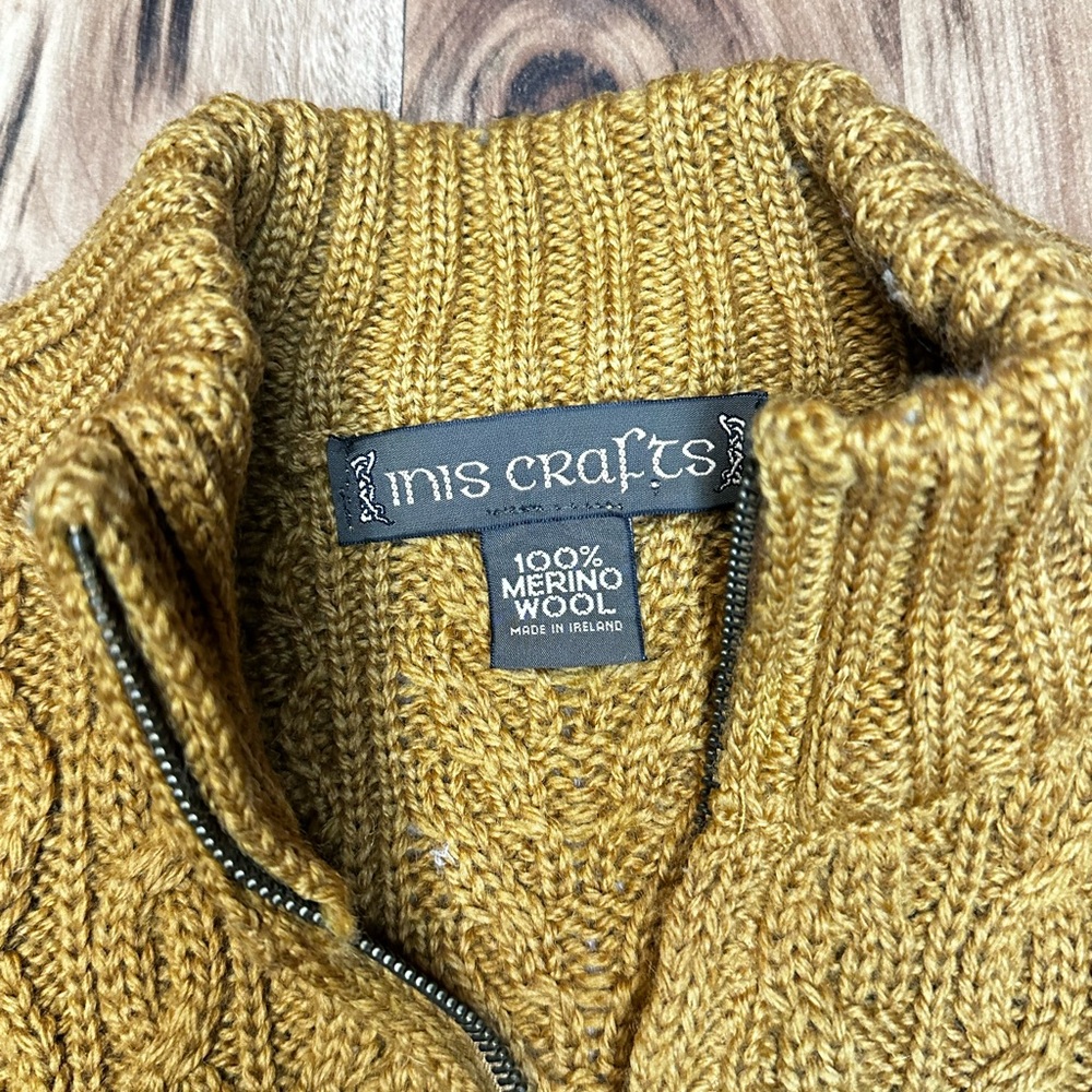 Inis Crafts Women’s 100% Merino Wool Irish Cable Knit Zip Sweater Mustard - Picture 3 of 10